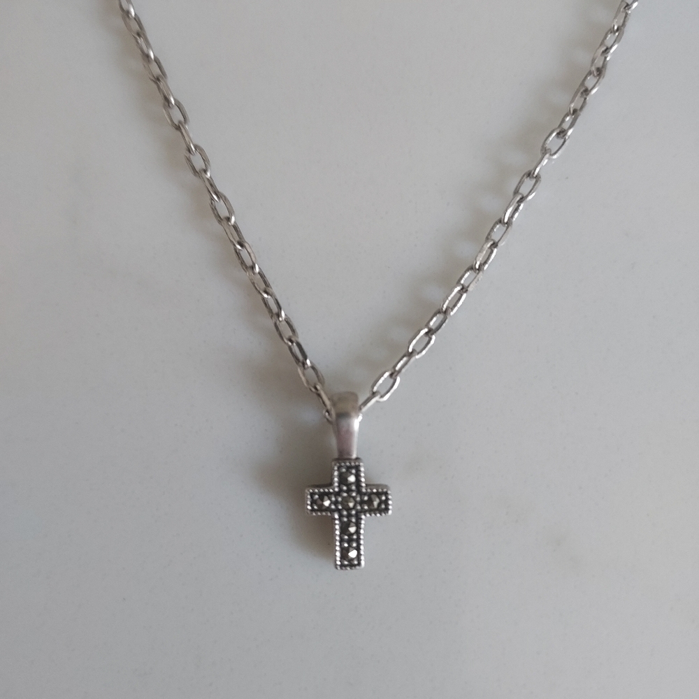 Judith Jack Sterling Silver Marcasite Cross Pendant Necklace 17" Chain